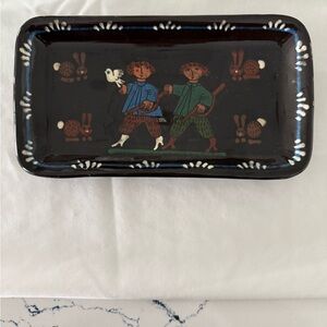 Vintage Black Ceramic Tray with Folk Art Design
